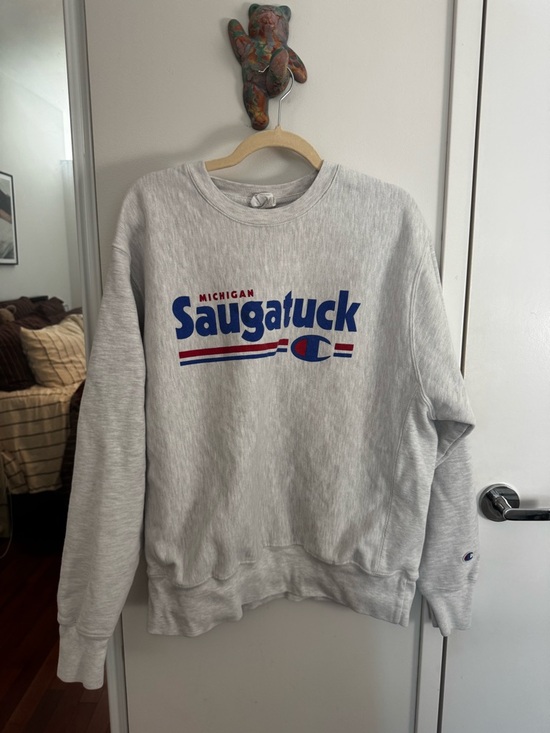Champion Tops - Champion Light Gray Saugatuck Michigan Crewneck with Blue & Red Graphic